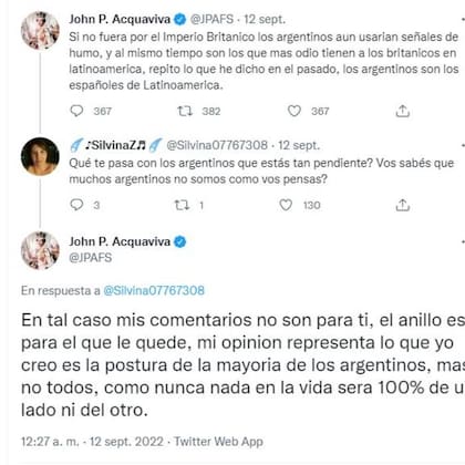 En el intercambio de Acquaviva con una usuaria, el venezolano señala respecto de su comentario crítico de los argentinos: "el anillo es para el que le quede"