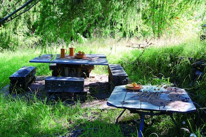 En la parte más silvestre del jardín, zona de reunión y descanso alrededor de una mesa con bancos de madera.