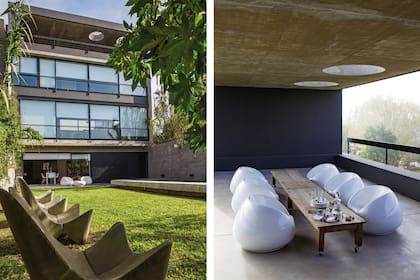 En el jardín, sillones BKF de hormigón (Estudio Doberti). En la terraza, mesa con ruedas y sillones 'Pastilla'