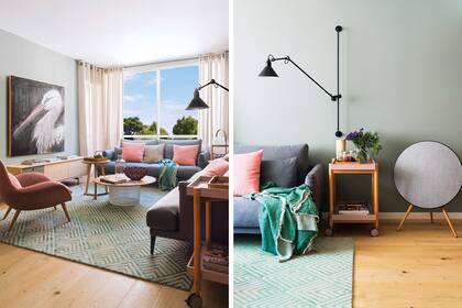 En el living, cuadro de Joana Santamas, consola ‘Aura’ (Treku), sofás ‘Paraido’ (Bonaldo), mesas baja ‘Mesh’ (Kettal) y alta ‘Tripod’ (Ethnicraft), lámpara de pared ‘Lamp gras 214’ (DCW) y carro-bar ‘Mai Tai’ (Punt Mobles).