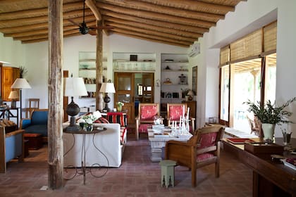 En el living, mesa de hierro (Alberto Ledesma) junto al sillón principal. El género con estampas de llamas en los sillones habla de la inclinación de Ana por resaltar los colores y la naturaleza de Barreal.