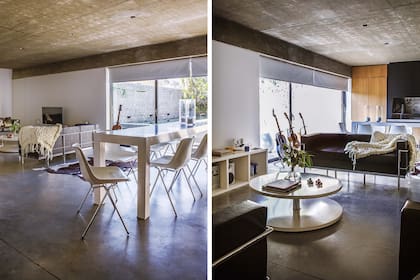 En el living, mesa redonda entre dos sillones ‘LC2’ de tres cuerpos, un hit de Le Corbusier. Sobre uno de ellos, manta tejida en lana cruda (Plain Textiles).