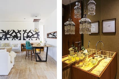 En el living, mesa tipo barra (Estudio LGP Interiorismo) y una pequeña vitrina calada en el muro lo vincula con la cava.