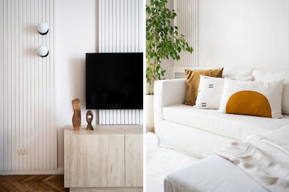 En el living se vistió algunas paredes con molduras en MDF que se complementan y potencian con las molduras clásicas originales. Tanto en el living como en el comedor la paleta es neutra.