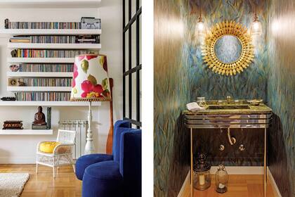 En el lugar que ocupaba uno de los cuartos se hizo un toilette con espejo (Rapsodia), apliques (La Feliz), empapelado (Raldua) y mueble con mesada de mármol verde bosque y base cromada (La Puerta Azul). Toallas (Qué Bonito, Cosas Lindas). Jabón artesanal (Saponarium).