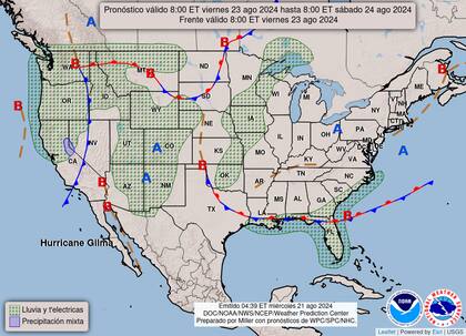 En el mapa del pronóstico del clima en EE.UU. para este viernes 23 de agosto, se puede apreciar la zona de precipitaciones mixtas previstas al norte de California