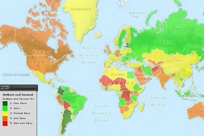 En el mapa mundial, Colombia, la Argentina, Letonia y Estonia están marcados con el color verde oscuro, que significa las mujeres más atractivas