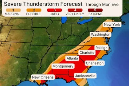 En el mapa se muestra sombreada la probabilidad de tormentas eléctricas severas (Centro de Predicción Meteorológica)