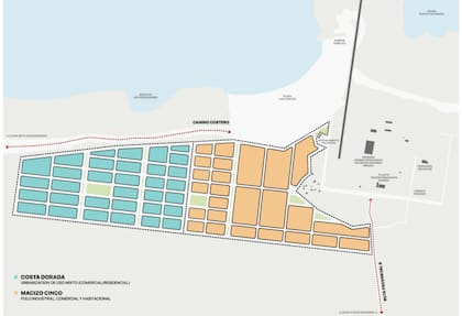 En el mapa se pueden ver las dos urbanizaciones que impulsó el emprendedor en la zona de Punta Colorada: Costa Dorada (en celeste) y Macizo 5 (en naranja)
