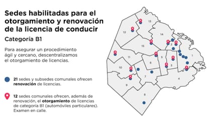 En el mapa, todas las sedes ya habilitadas en los distintos barrios porteños para uno u otro trámite