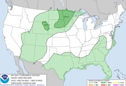 En el medio oeste superior y planicies del norte, se esperan tormentas aisladas con granizo y ráfagas intensas, siendo Minnesota y Dakota del Sur los estados con mayor exposición, aunque con cobertura reducida de estos fenómenos climáticos