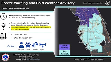 En el oeste del estado, la oficina de Tampa reporta temperaturas cercanas o inferiores al punto de congelación para este martes