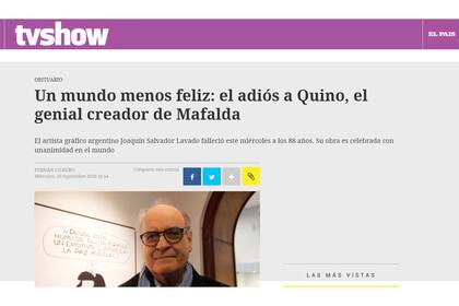 En El País de Uruguay se refirieron a "un mundo menos feliz" por el fallecimiento de Quino