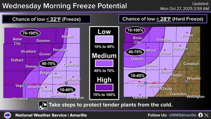 En el Panhandle, las temperaturas caerán abruptamente, con mínimas que rondarán el punto de congelación y una probabilidad de helada fuerte del 40% al 90% en el noroeste