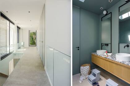 En el pasillo, placares (Arq. Maura Ambrosetto) con puertas laqueadas en gris con tiradores (HME). Baño infantil: vanitory con tapa de terrazo (Arq. Maura Ambrosetto), bachas de apoyo, espejos hechos a pedido por Concreto Art y grifería de pared Ponthus.