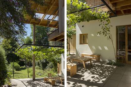 En el patio, recuperaron la vieja parra de la pérgola y plantaron algunas más, además de una kiwi, planta trepadora; además de un telón verde, favorecen la protección térmica de la casa.