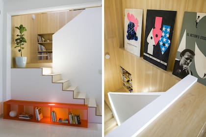 En el piso junto a la escalera, consola de acrílico naranja (Juju). El descanso de la escalera se aprovechó para armar una pequeña biblioteca. El revestimiento, MDF enchapado pegado sobre fenólico