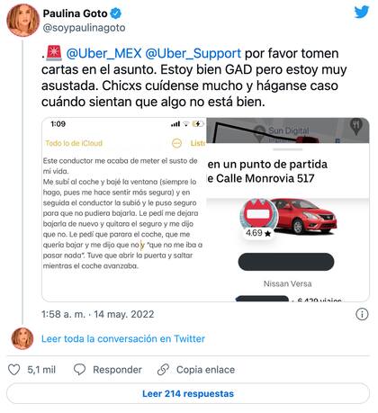 En el primer twitt, Paulina Goto pidió a Uber tomar cartas en el asunto