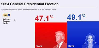 En el promedio de encuestas de RealClear Polling, Harris supera a Trump por dos puntos porcentuales