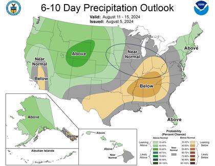 En el pronóstico extendido de 6 a 10 días se auguran lluvias entre normales a inferiores a los registros normales sobre el cinturón sojero/maicero de EE.UU.