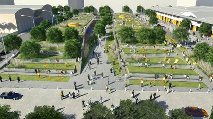 En el render de la obra, sobre la calle Conde se observa el frente comercial