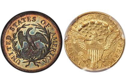 En el reverso las monedas llevaban la imagen de una pequeña águila, que luego fue sustituida por una más grande
