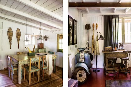 En el sector del comedor, mesa y sillas de madera reciclada, manta (Elementos Argentinos), juego de bolos, raquetas y aparador, todo comprado en remate.