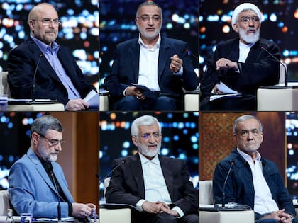 En el sentido de las agujas del reloj, los candidatos Mohammad Bagher Ghalibaf, Alireza Zakani, Mostafa Purmohammadi, Masud Pezeshkian, Said Jalili y Amir Hossein Ghazizadeh-Hashemi durante un debate en el estudio de televisión estatal de Irán en Teherán el 17 de junio de 2024. (Photo by MORTEZA FAKHRINEJAD / IRIB / AFP)
