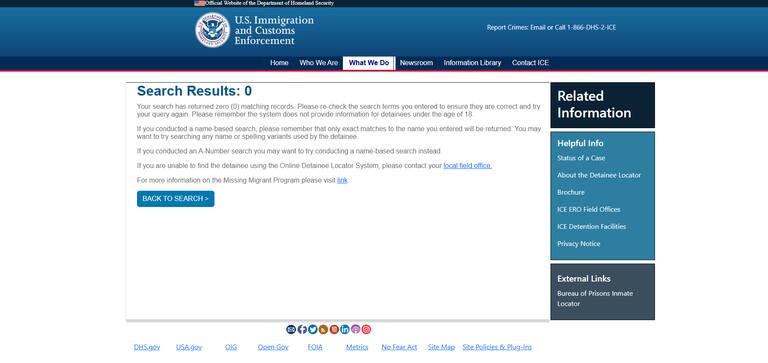 En el Sistema de localización de detenidos en línea del ICE, Fernando no aparece entre los resultados de búsqueda