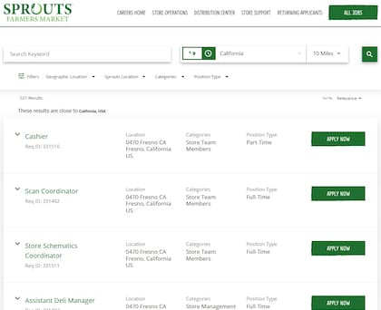 En el sitio web del supermercado se pueden filtrar por locación los puestos de trabajo disponibles (Sprouts Farmers Market)