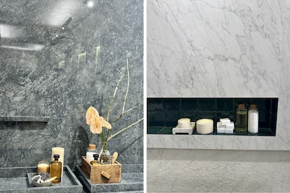 En el stand de Portobello, los baños se visten con superficies marmoladas y nichos integrados que resaltan la elegancia serena de su nueva colección.