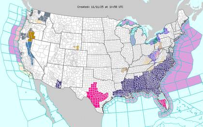 En el sur de Alabama y noroeste de Florida, las sensaciones térmicas descenderán hasta 19°F (-7°C) debido a vientos con ráfagas de 15 mph (24 km/h)