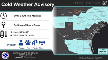 En el sur de Texas, condados como Brooks, Jim Hogg y Zapata tendrán temperaturas mínimas de hasta -7 °C durante la noche