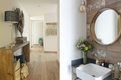 En el toilette, alzada de cerámica con diseño ‘Verbena’ (Cerámica San Lorenzo) y bacha ‘Dongio’ de semiencastrar (Ferrum) con grifería ‘Buzz’ (FV).