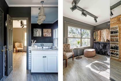 En el vestidor, sillón con capitoné (Loly Albasini). Mesita de madera y hierro y puf con capitoné (Gloria Atelier Deco). Bandejas con tachos de cine (Ahe Electricidad).