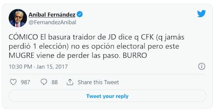 En enero de 2017, disparó con munición gruesa contra Julián Domínguez. Lo trató de "basura", "traidor" y "burro". Hoy los dos tienen cargo de ministros en el gabinete de Alberto Fernández.