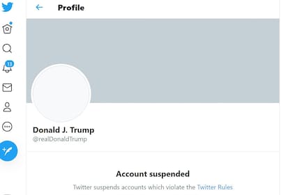 En esta captura de pantalla de Twitter, se ve la cuenta de Twitter suspendida del presidente saliente de Estados Unidos, Donald Trump, el 8 de enero de 2021