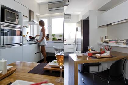 En esta cocina alargada se aprovechó cada centímetro con muebles hechos a medida. La mesa enchapada aporta calidez en el espacio regido por la funcionalidad y el minimalismo