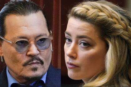 En esta combinación de fotos, el actor Johnny Depp, izquierda, y Amber Heard durante la presentación de argumentos finales del juicio de la demanda por difamación de Depp contra Heard en la Corte de Circuito del Condado de Fairfax, en Fairfax, Virginia