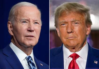 En esta combinación de fotos, el presidente Joe Biden (izquierda) durante un evento el 10 de agosto de 2023 en Salt Lake City, y el expresidente Donald Trump durante un evento el 13 de junio de 2023, en Bedminster, Nueva Jersey