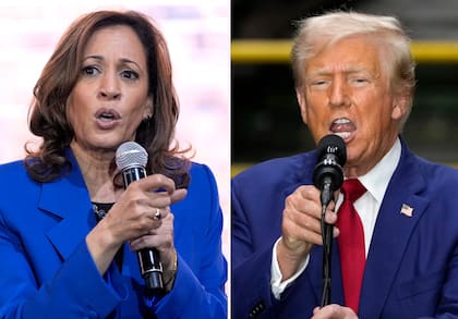 En esta combinación de fotos tomadas en Pennsylvania, la candidata presidencial demócrata y vicepresidenta Kamala Harris habla en un evento de campaña, el 18 de agosto de 2024, en Rochester, izquierda, y el candidato presidencial republicano y expresidente Donald Trump habla en un evento de campaña, el 19 de agosto de 2024, en York. (AP Foto)