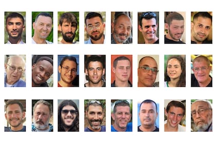 En esta combinación de imágenes del 16 de octubre de 2025, proporcionada por el Foro de Familias de Rehenes, aparecen algunos de los fallecidos que seguían retenidos en Gaza al inicio del reciente cese el fuego, de izquierda a derecha, arriba, Bipin Joshi, Yossi Sharabi, Guy Illouz, Ran Gvili, Eitan Levi, Dror Or, Itay Chen, Uriel Baruch, segunda fila, de izquierda a derecha, Amiram Cooper, Joshua Loitu Mollel, Tamir Nimrodi, Oz Daniel, Omer Neutra, Lior Rudaeff, Inbar Hayman, Meny Godard, tercera fila, de izquierda a derecha, Daniel Peretz, Eliyahu Margalit, Sahar Baruch, Tamir Adar, Tal Haimi, Muhammad Al-Atarash, Hadar Goldin and Arie Zalmanovich. (Foro de Familias de Rehenes vía AP)