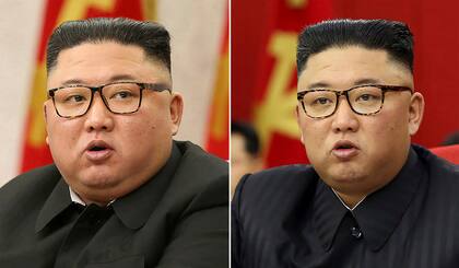 En esta combinación de imágenes proporcionadas por el gobierno norcoreano, el líder de Corea del norte, Kim Jong Un, en reuniones del Partido de los Trabajadores en Pyongyang, Corea del Norte, el 8 de febrero de 2021, a la izquierda, y el 15 de junio de 2021. (Agencia Central Coreana de Noticias/Servicio Coreano de Noticias via AP, archivo)