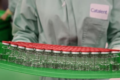 En esta foto de archivo tomada el 11 de septiembre de 2020, un técnico de laboratorio manipula viales tapados como parte de las pruebas de llenado y envasado para la producción y suministro a gran escala de la vacuna contra el coronavirus de la Universidad de Oxford y AstraZeneca