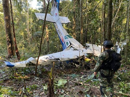 En esta foto proporcionada por la Oficina de Prensa de las Fuerzas Armadas de Colombia, un soldado permanece frente a los restos de una avioneta Cessna C206 el jueves 18 de mayo de 2023. La aeronave se estrelló en la selva de Solano, Colombia