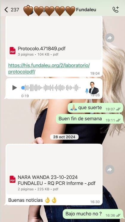 En este chat, Wanda mostró los documentos con los informes médicos, correspondientes al control de su enfermedad