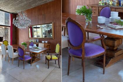 En este comedor integrado al living, una mesa de madera natural se acompaña con sillas de pvc blancas. Para animar el sector, bajo el pizarrón fantasía, un florero con forma de lechuza, un conejo de cerámica forrada en felpa y un cuadrito pintado a mano