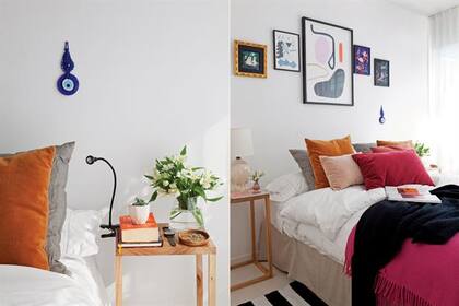 En este dormitorio, almohadones de lino gris de 55x55 (Graciela Churba); manta de angora negra (Sekkei); alfombra artesanal (Las Zainas); flores en contenedores transparentes (Carrefour)