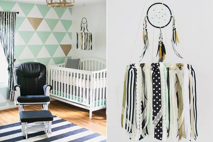En este dormitorio de bebé, se diseñó un patrón geométrico que combina nuestro tono elegido con blanco y algunos detalles de dorado. Una combinación que no falla y es apta para nenes y nenas