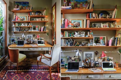 En este escritorio compartido se eligieron dos sillones de estética distinta para personalizar el espacio. Con la madera como protagonista, en los estantes se intercalan libros, adornos y recuerdos personales